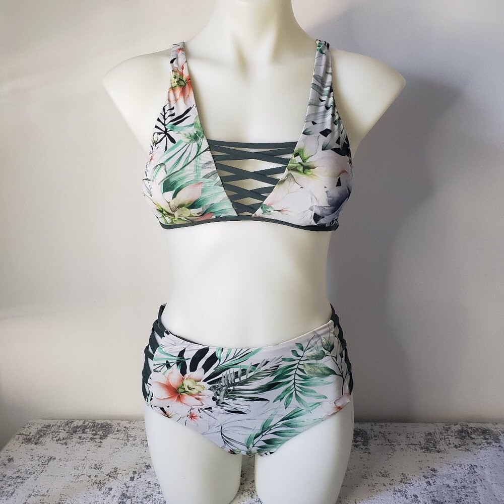 Tinibikini Swim Reversible Green White & Black Floral Botanical Bikini Swimsuit
